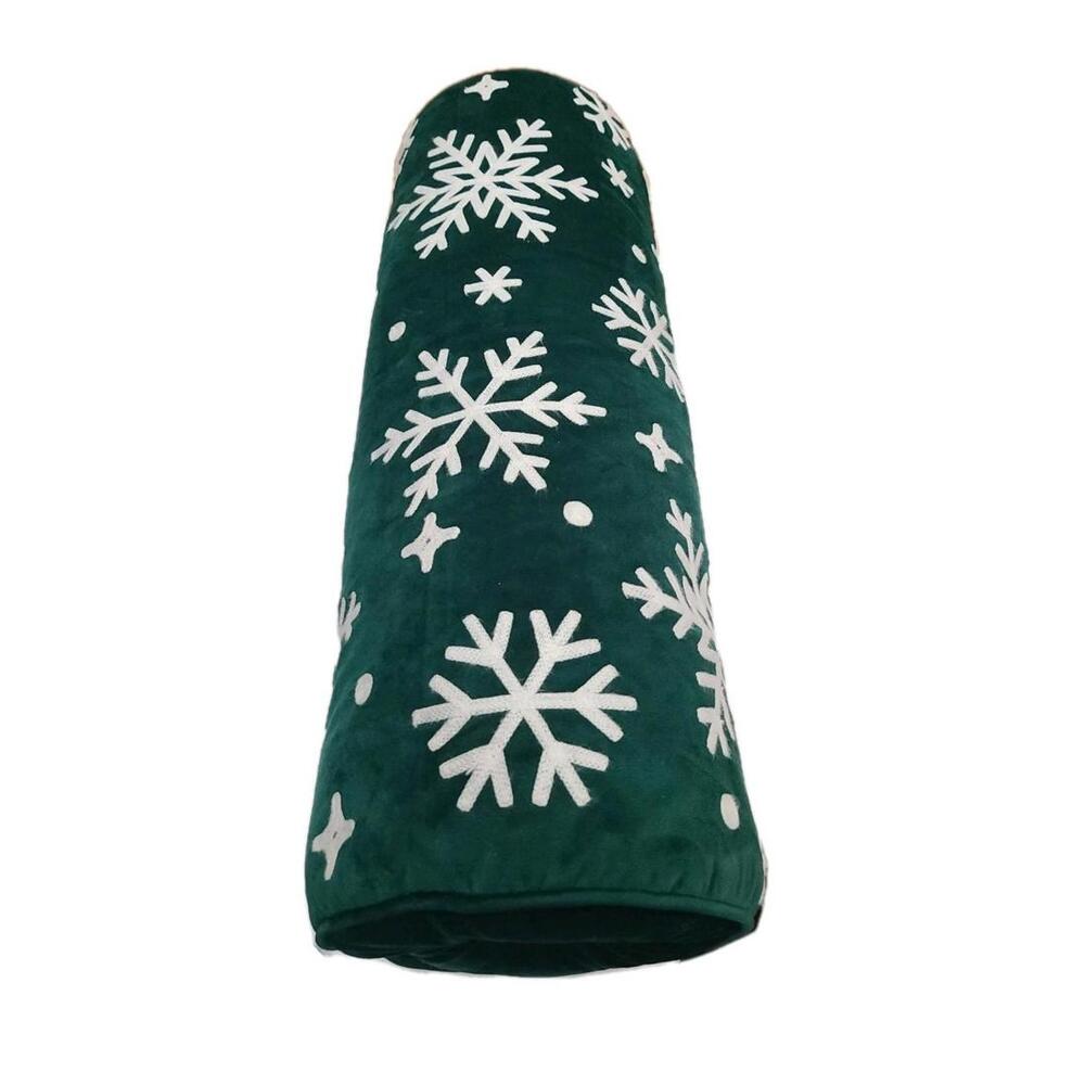 Christmas Winter Bolster Pillow Green Velvety W/Snow Flakes  24" Bed Couch Decor